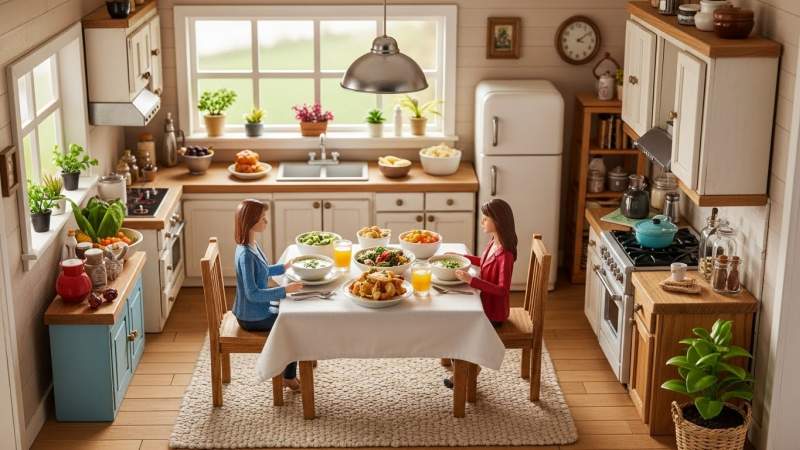 detoks yaparken ne yenir sorusunu minyatur ev ve hafif sindirimi kolay besinlerle anlatan gorsel