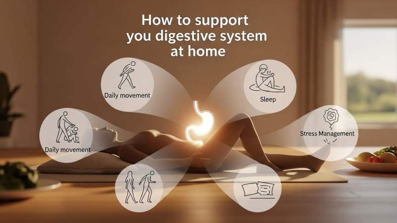 evde sindirim sistemi destegi icin hareket uyku ve stres yonetimini gosteren huzurlu gorsel