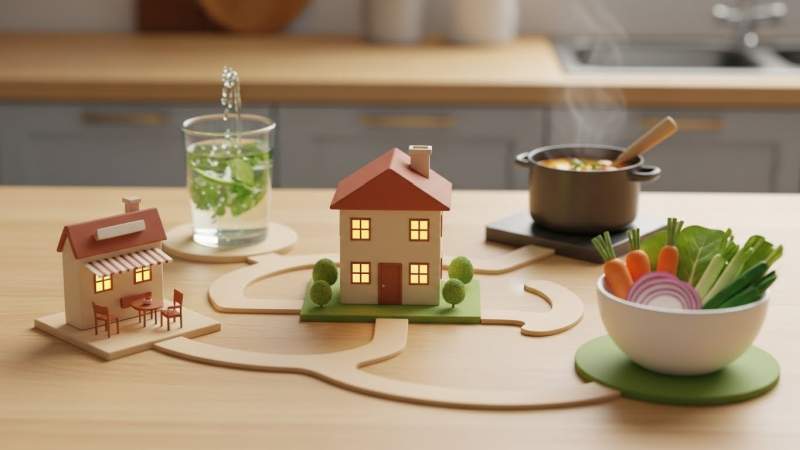 hafif detoks tariflerini yogun kisitlama olmadan minyatur ev konseptiyle anlatan gorsel