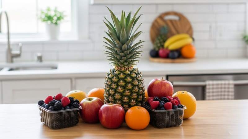 haftalik alisveris planinda ananas ve diger meyvelerle saglanan beslenme cesitliligi gorseli