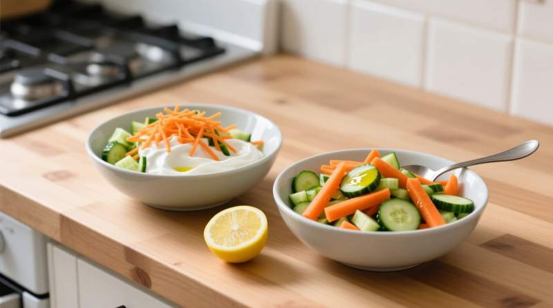 rendelenmis havuc ve salatalikla yogurtlu ve zeytinyagli limonlu iki farkli salata gorseli