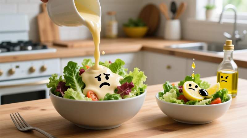 salatada fazla sos kullanimi ile limon sirke ve az zeytinyagi ile kurulan dengeli salata gorseli