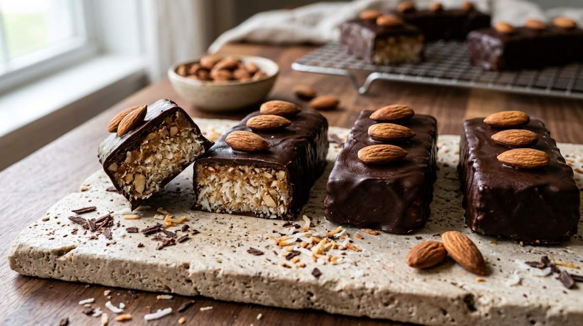 Ev yapımı bademli joy bar kapak görseli, bitter çikolata kaplı ve badem süslemeli sağlıklı atıştırmalık