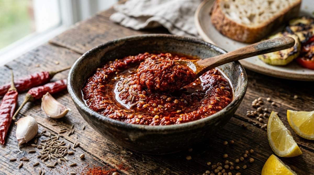 Ev yapımı harissa macununun baharatlı ve kıvamlı görünümü, kapak fotoğrafı