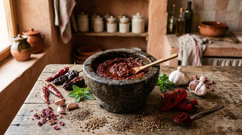 Geleneksel harissa yapımında kullanılan kuru acı biberler, sarımsak ve baharatlar