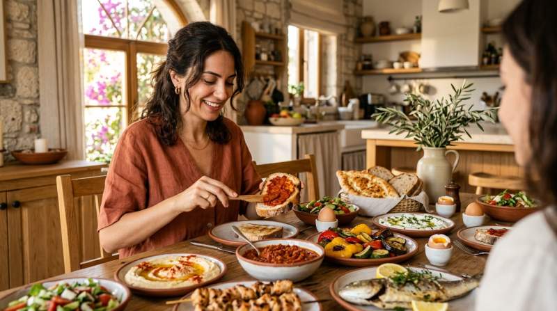 Harissa sosunun Akdeniz sofrasında et, sebze ve ekmekle servis edilişi